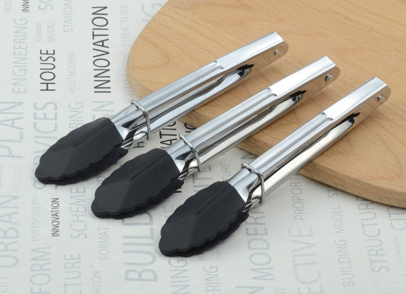 HINMAY Mini Tongs with Silicone Tips 7-Inch Kitchen Tongs, Set of 3 (Black) - Image 5